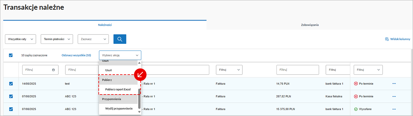 Menu wyboru roku podatkowego